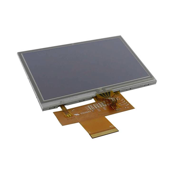 A rectangular, flat LCD display with an orange flat ribbon cable for electronic applications, on a white background.