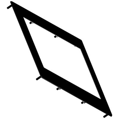 A black, diamond-shaped picture frame hangs diagonally.