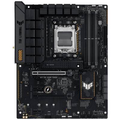 Motherboard with ASUS logo, RAM slots, CPU socket, and expansion slots. Gaming model components noted.
