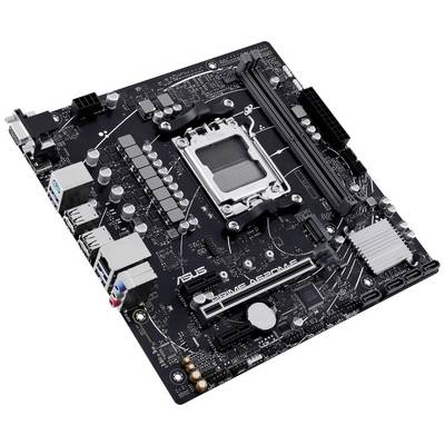 A black motherboard with various ports, slots, and a CPU socket. It is suitable for computer assembly.