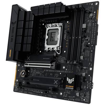 Motherboard of an ASUS TUF Gaming B760M-BTF WiFi D4 Motherboard. Shows connections, RAM slots, and cooling components.