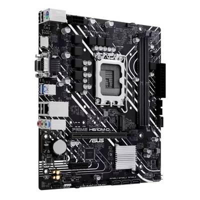 Black ASUS Prime H610M-D motherboard with white accents, multiple expansion slots and connection options, suitable for computer building.