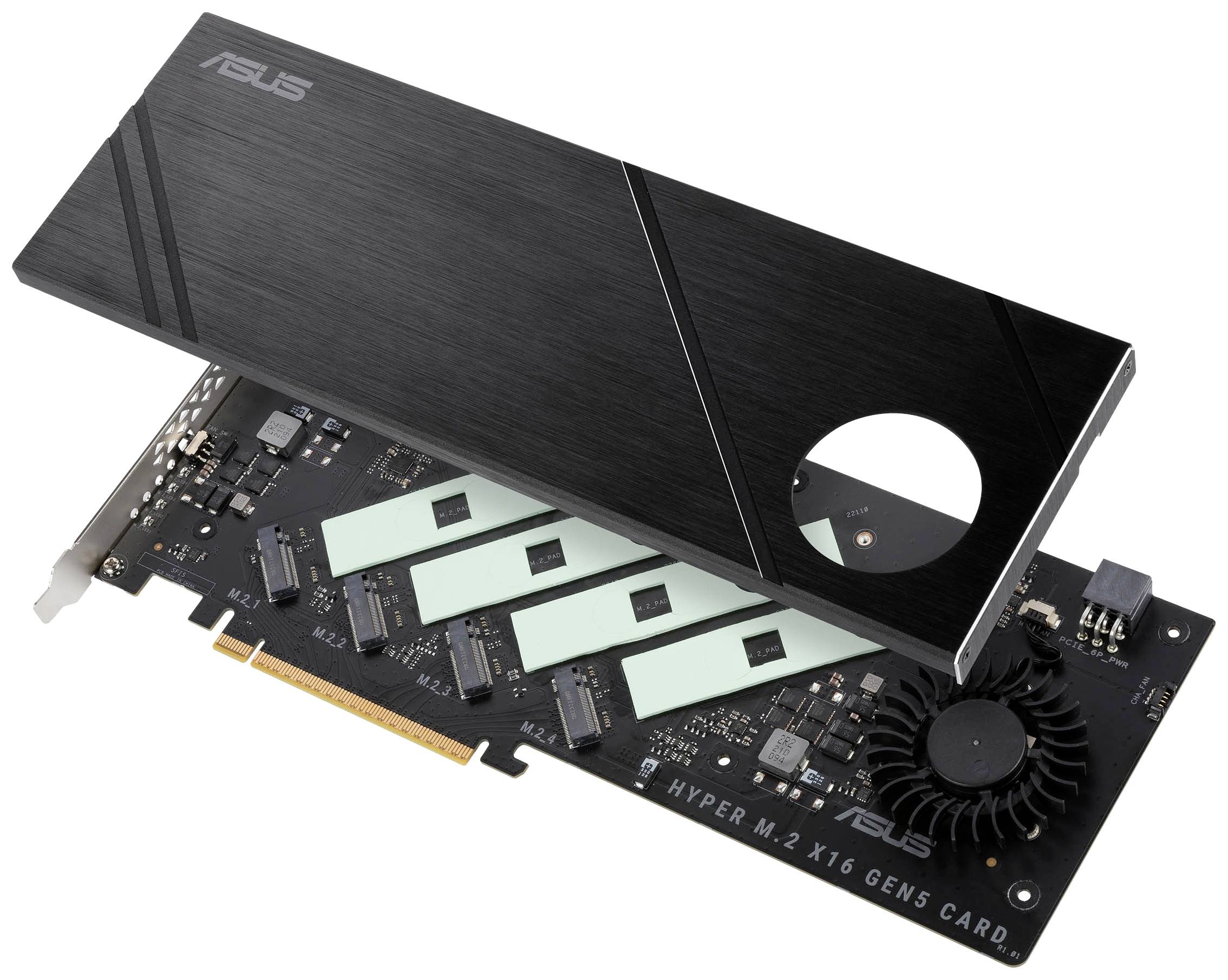 'ASUS Hyper M.2 x16 Gen5 Card', a PCIe expansion card with an active cooler to support multiple M.2 SSDs in a computer.