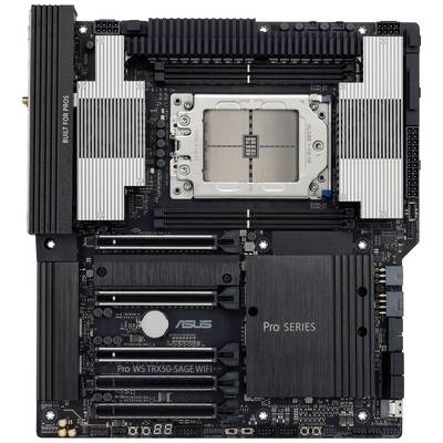 'Black ASUS motherboard with heatsinks and CPU socket. Model: Pro WS TRX50-SAGE WIFI. Label: Pro Series.'