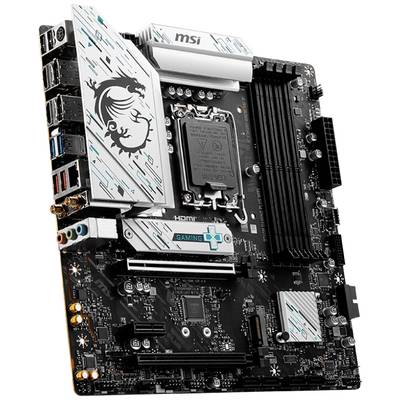 A gaming motherboard with multiple connection options, heatsink design featuring a dragon motif and marked HDMI interface.