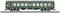 Green model railway carriage on tracks, side view, with windows and labels, detailed representation of the wheels.