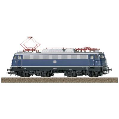 A blue-grey model of an electric locomotive from Deutsche Bahn, side view. Overhead current collectors are visible.
