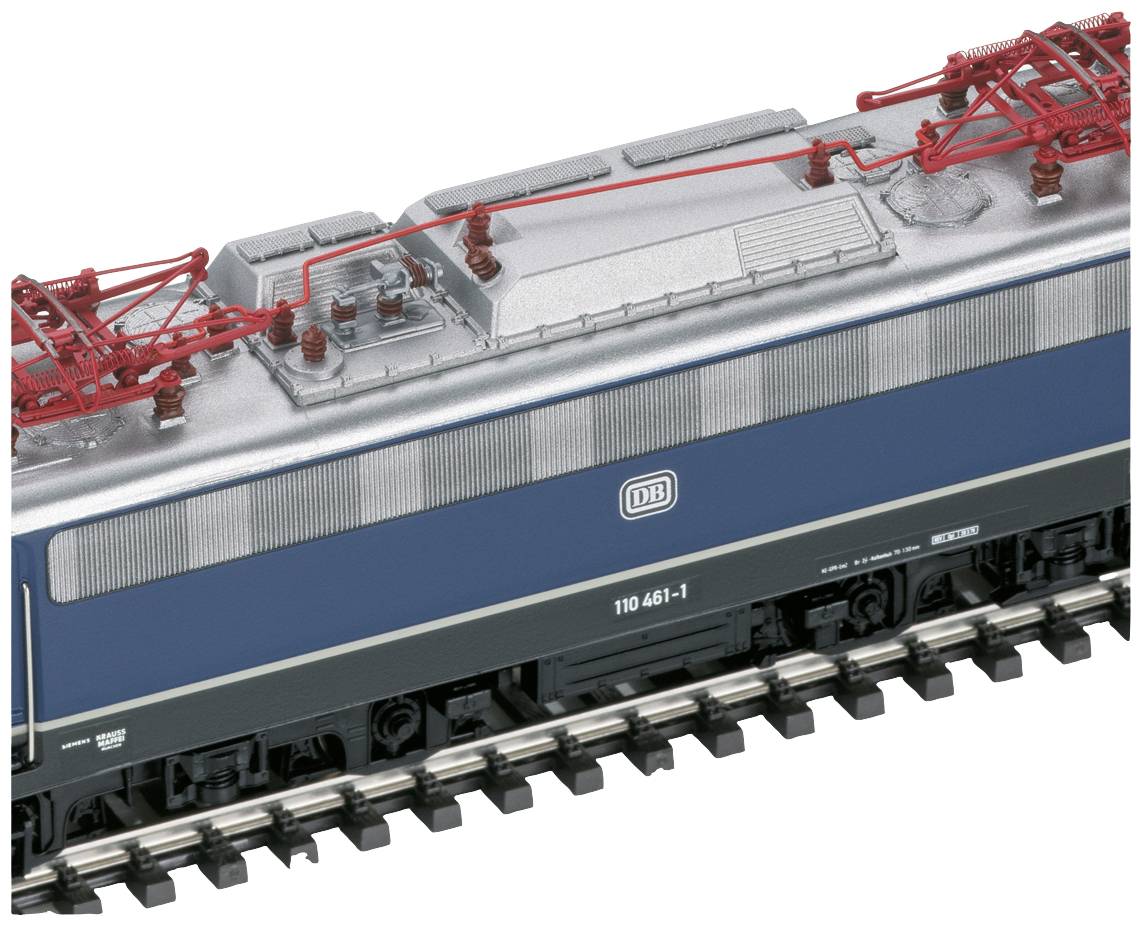 Blue and silver model locomotive of Deutsche Bahn with the number '110 461-1'. Overhead line contacts are highlighted in red.