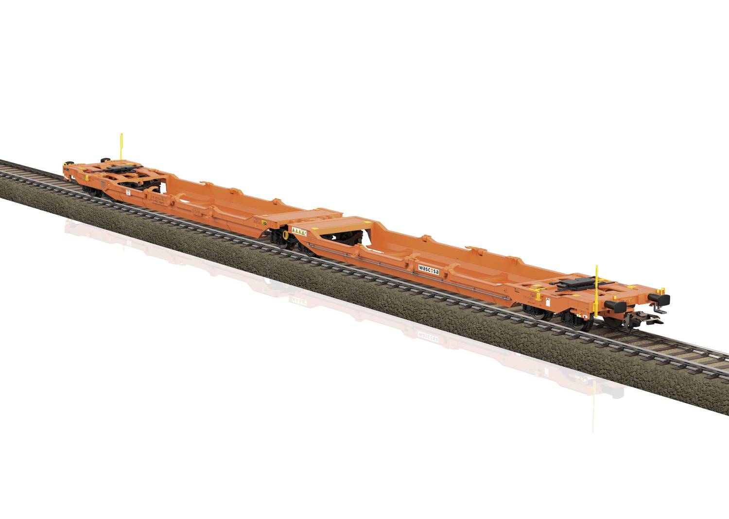 An orange freight railcar on tracks, specifically designed for container transport, currently unloaded.