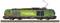Electric locomotive with green design and colourful lines. Caption: 'We are building pathways to the future.'