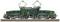 A green model of an electric train with two pantographs on a railway track. Detailed representation of the locomotive.