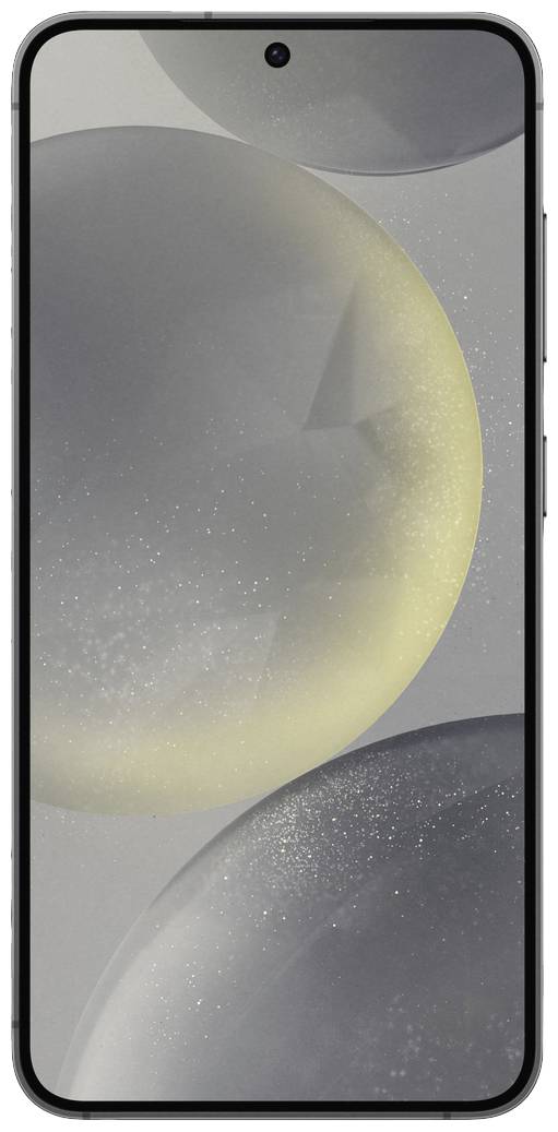 A modern smartphone with a bezel-less display and a single camera lens in the centre of the top edge. The wallpaper depicts floating spheres in shades of grey and yellow.