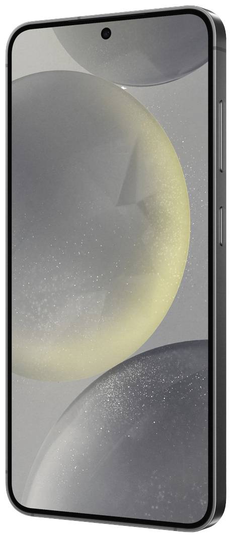 Smartphone with a bezel-less display, black frame and side buttons. It shows abstract spherical forms on the screen.
