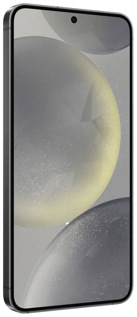 A modern smartphone with a large, bezel-less display, black casing, and shimmering back design.