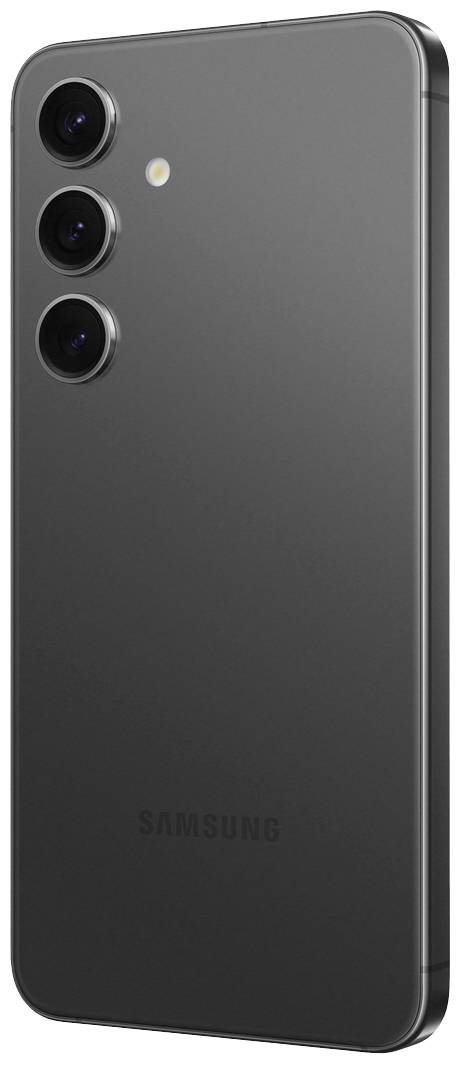 Black smartphone with three camera lenses on the back and a flash. Samsung logo at the bottom. Cameras arranged vertically.