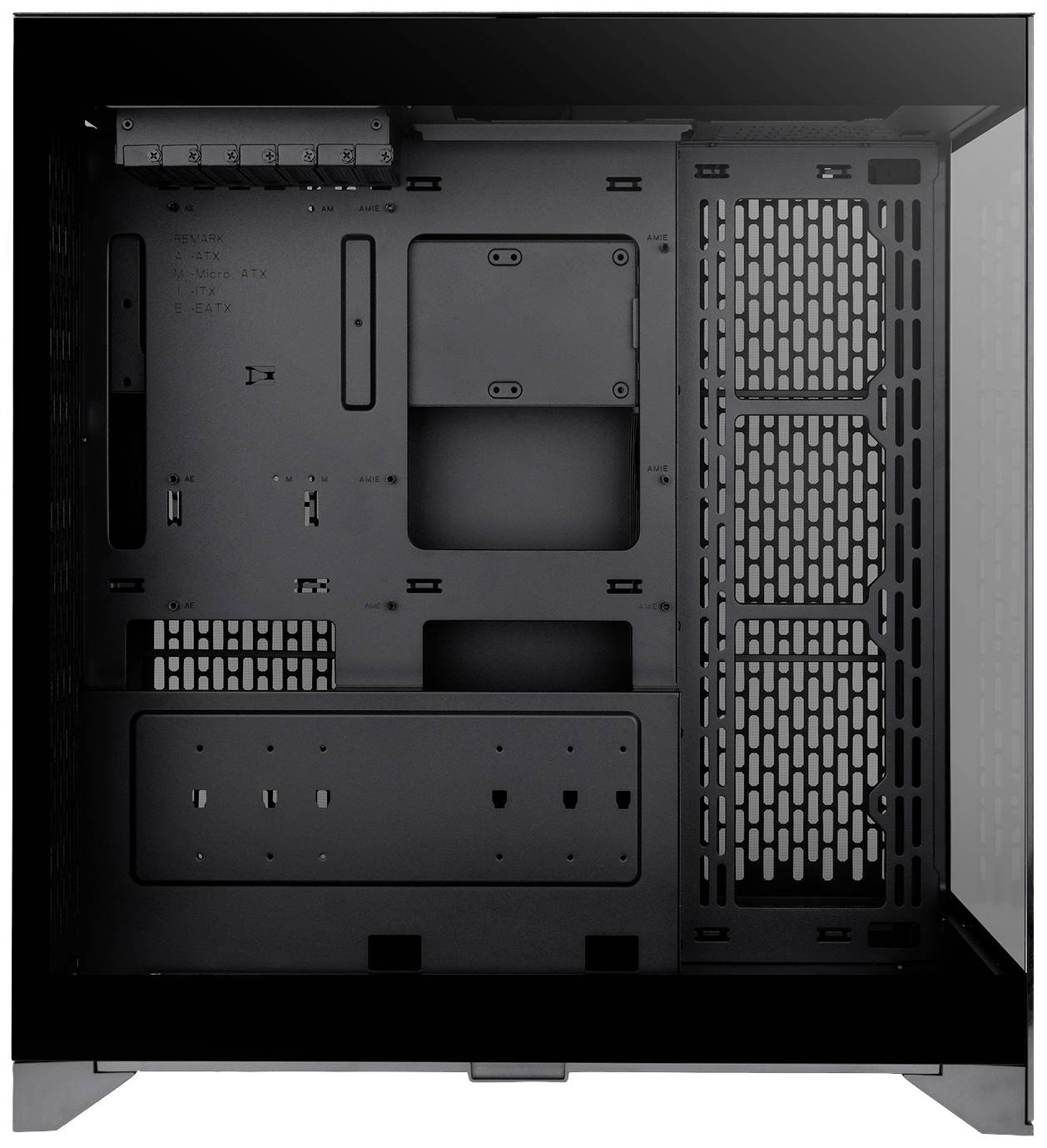 A vacant computer case interior made of black metal with multiple mounting points for components and ventilation grilles.