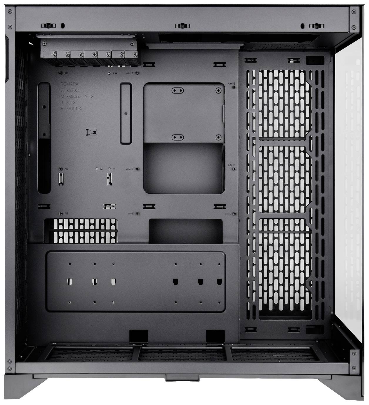 Black computer case without components, with view of interior, cable management, and ventilation grille on the right side.<br><br>Note: The translation is already in British English, so no significant changes were needed.