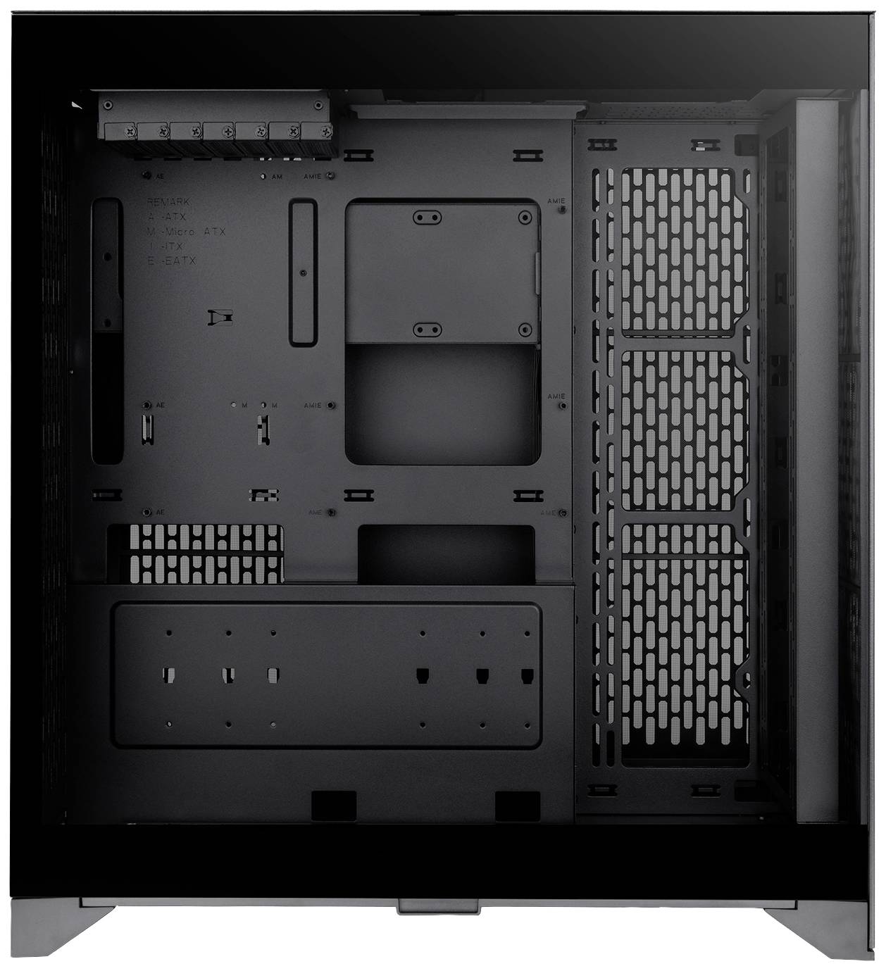 Black computer case with exposed interior, showing mounting points for motherboard, hard drives, and fan grilles on the right side.