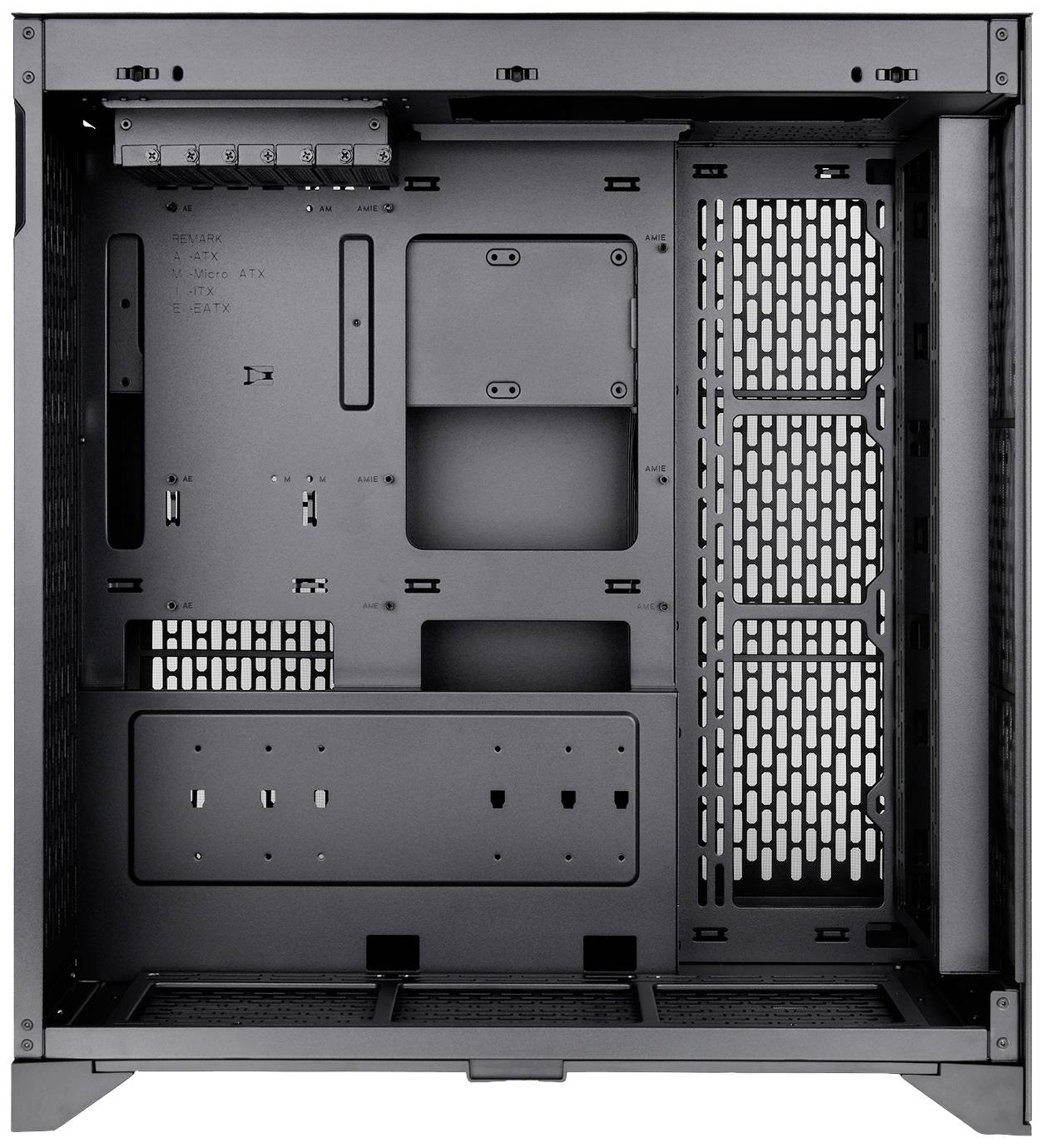 Black PC case without internal components, showing mounting spaces for motherboard, drives and fans. Left side open.