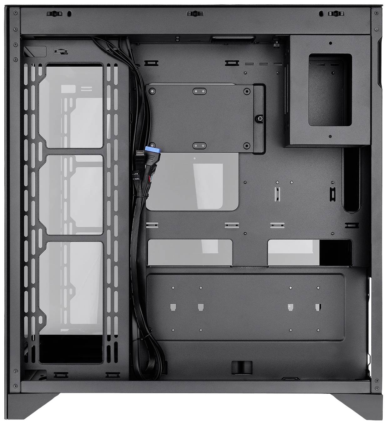 Empty PC case with metal frame, without components. Cable management area visible on the left side. Upper area for drives.