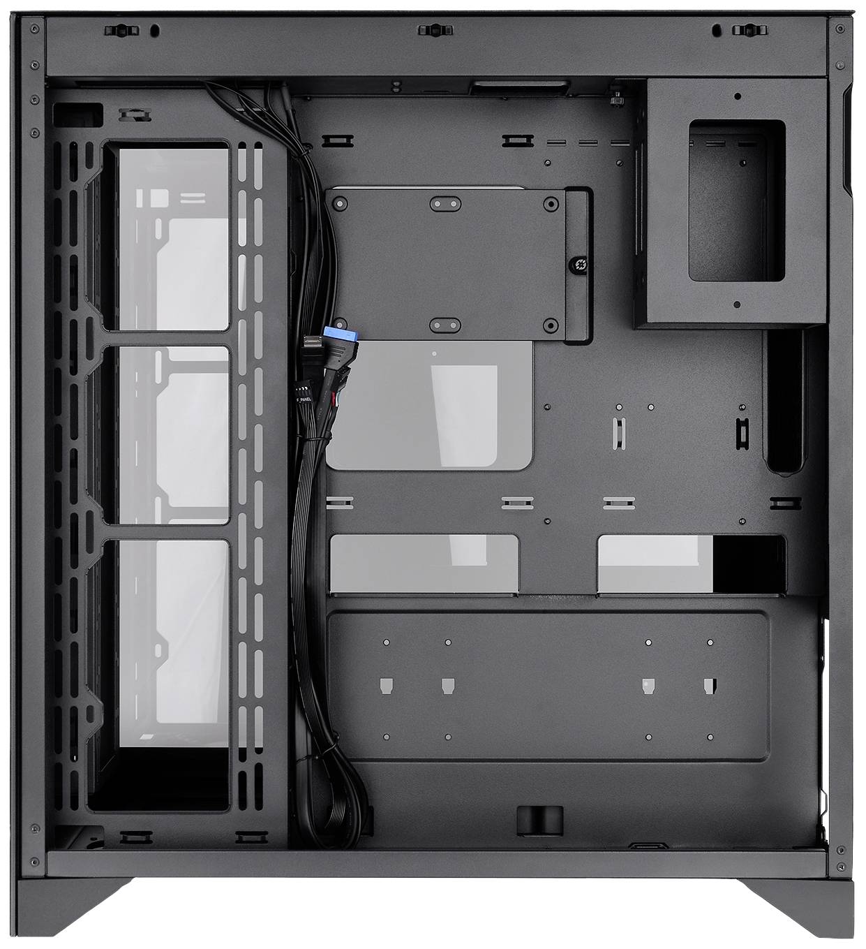 Black computer case, opened, reveals interior with cables and mounting brackets for computer components such as motherboard, hard drives.