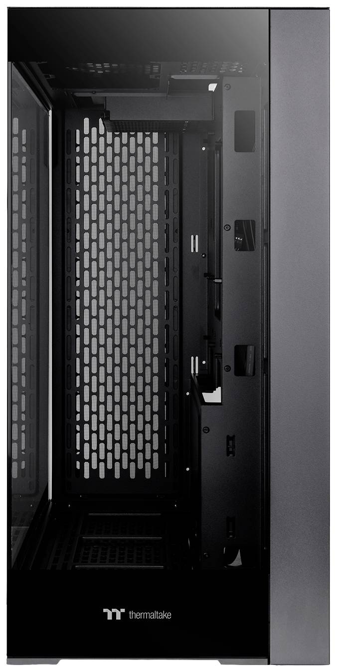 Black PC case with glass front and side panel, open internal compartment for hardware components, brand logo visible at the bottom.