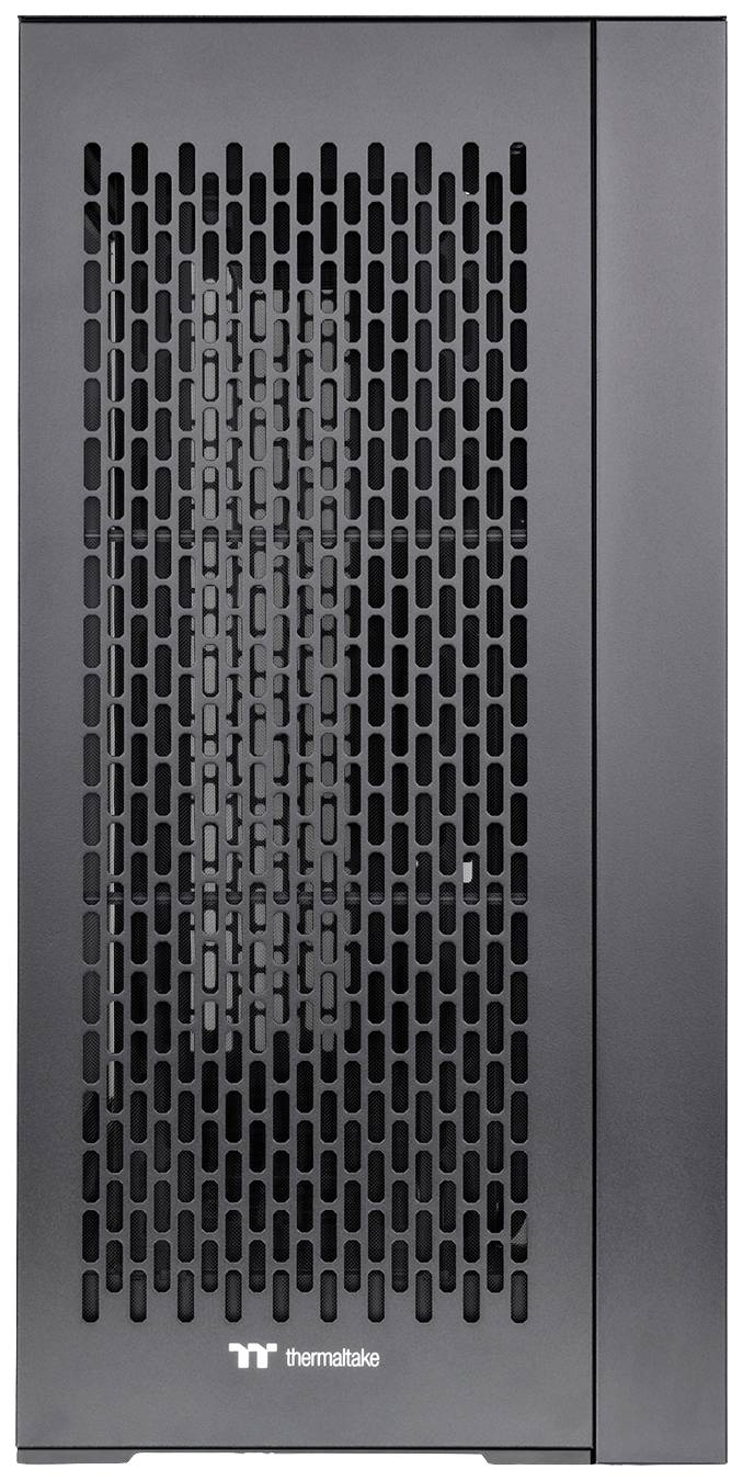 Black computer case with vertical ventilation grille and 'Thermaltake' logo at the bottom.