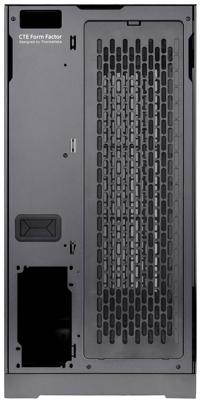 Grey computer tower in a vertical orientation with ventilation slots and multiple connection ports on the side.
