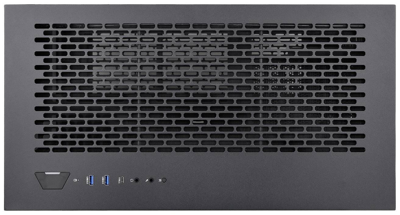 A black computer case with ventilation grilles on top and multiple USB ports and buttons on the front panel.