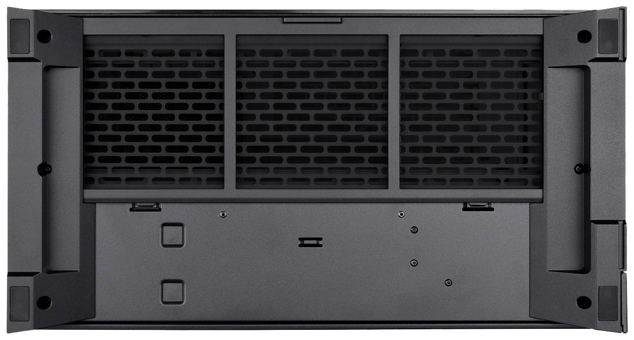 Black, rectangular ventilation shaft with a grille cover and four mounting brackets at the corners. Designed for air circulation.