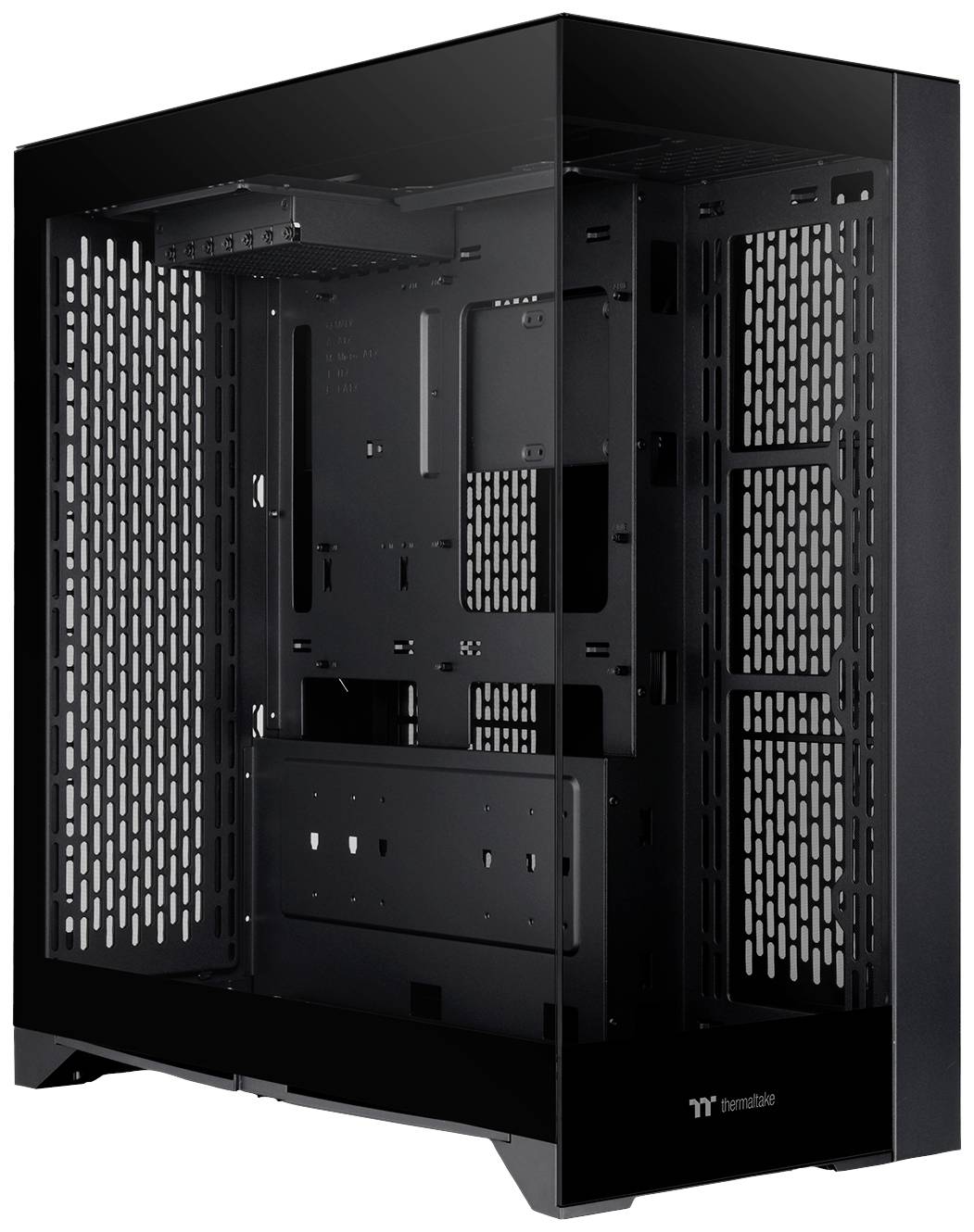 A black computer case with open sides and numerous ventilation openings, suitable for installing computer components.