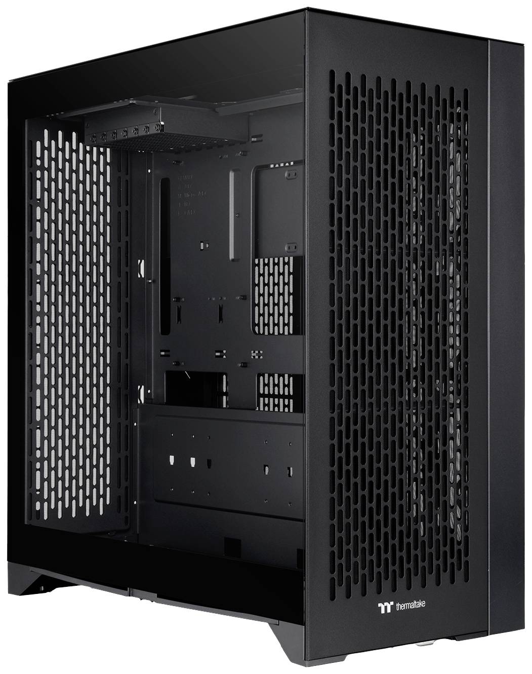 A black computer case with an open side panel reveals its interior and ventilation grilles.