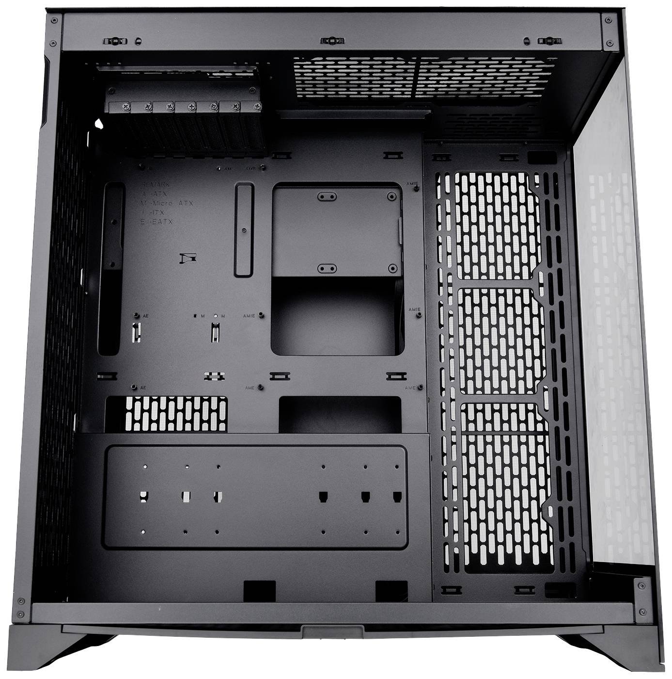 Black computer case interior view, showing space for the motherboard, hard drives, and fans with cable management options.