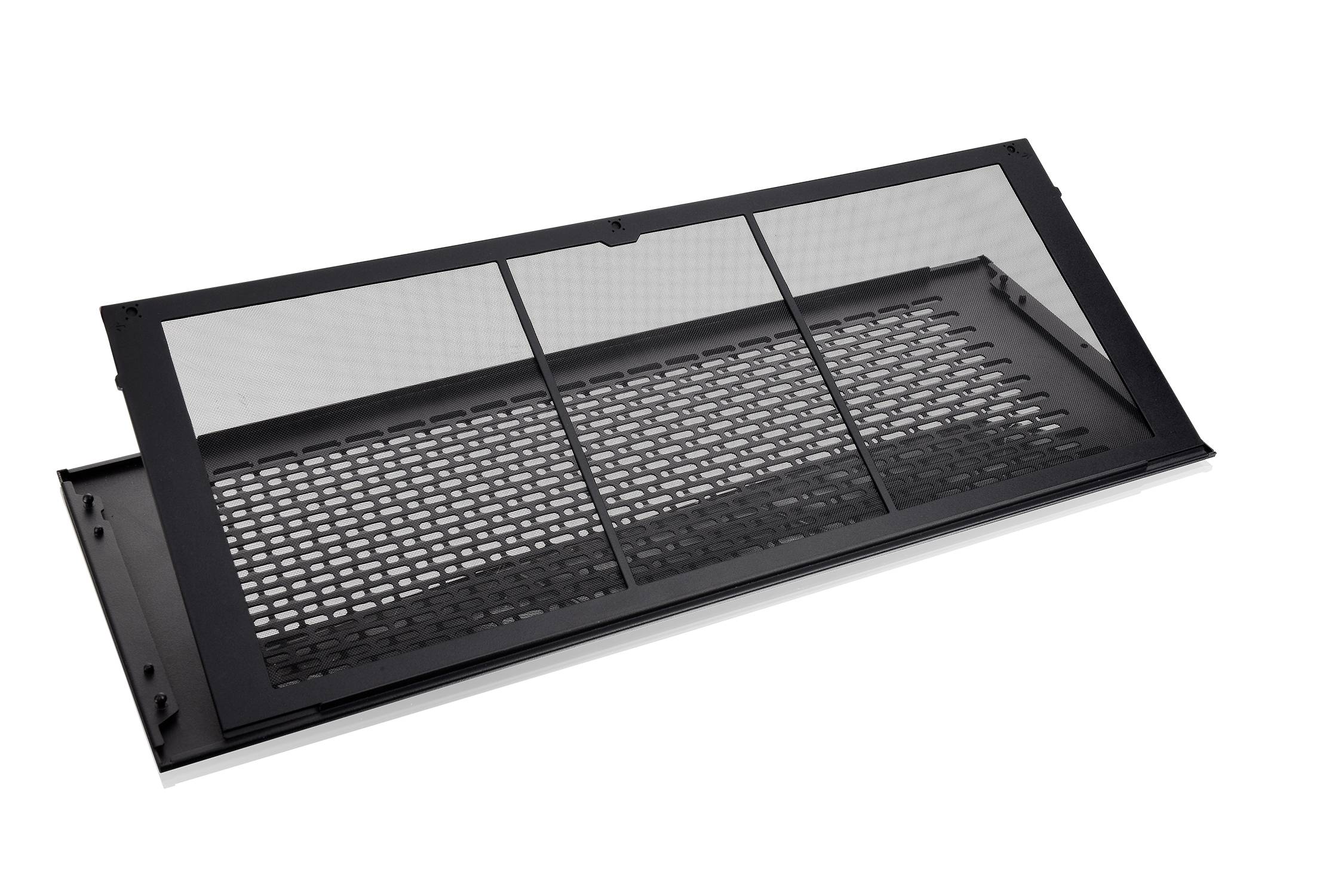 Metal grid shelf in black with a rectangular shape. Consists of multiple segments, suitable for organisation or storage.