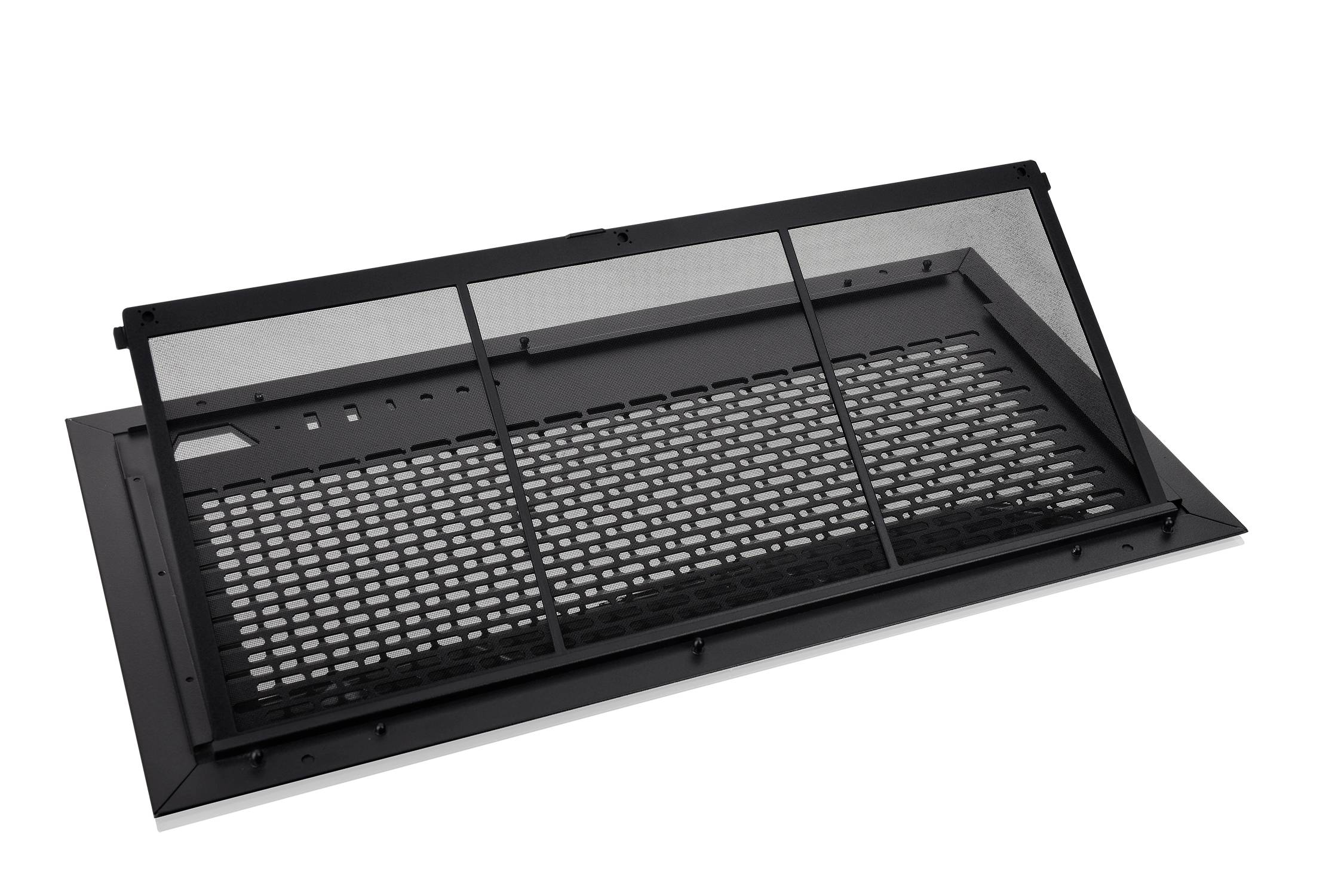Ventilation grille in a black frame with a perforated metal mesh, suitable for use in ventilation systems or covers.