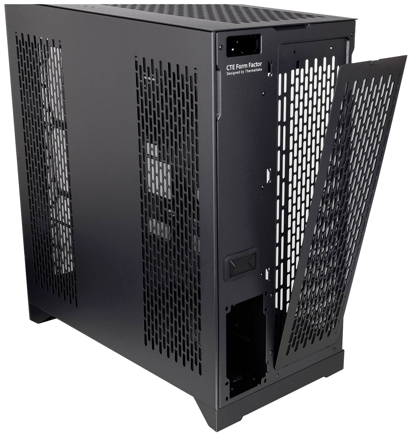 A black computer chassis with an open mesh design for optimal ventilation, side cover partially open, showing form factor labelling.