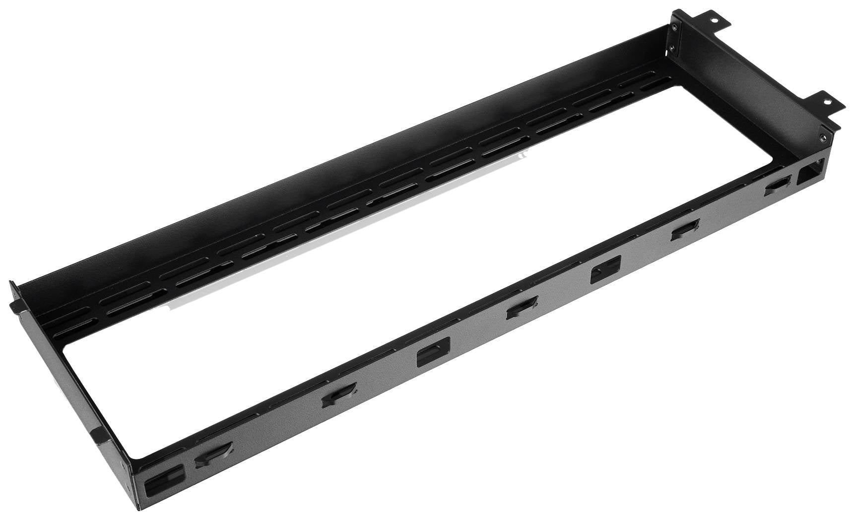 A rectangular, black metal frame with mounting holes at the corners, likely suitable for hardware installation.