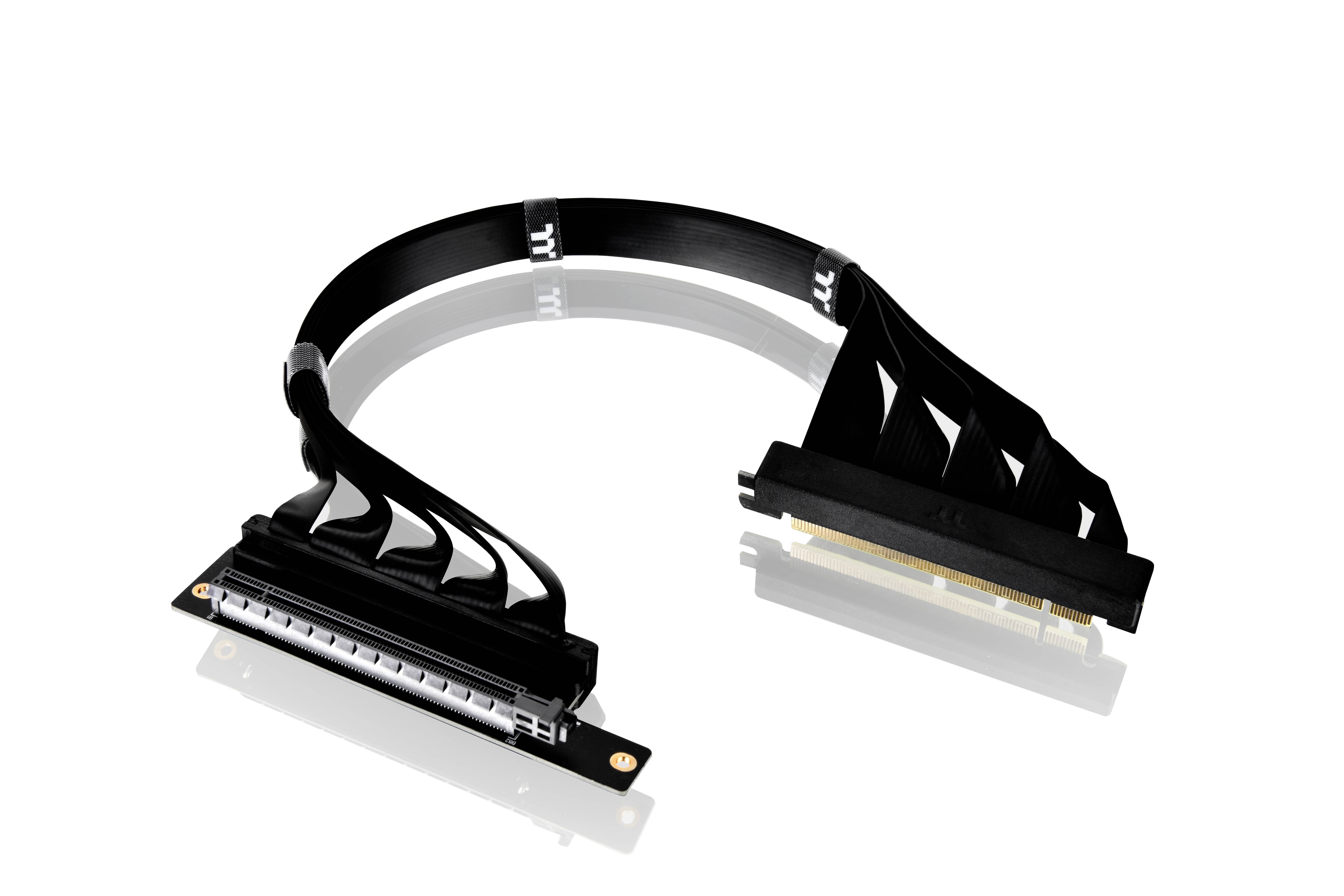 A flexible PCIe riser cable with black braided wires that connects a graphics card to the motherboard.