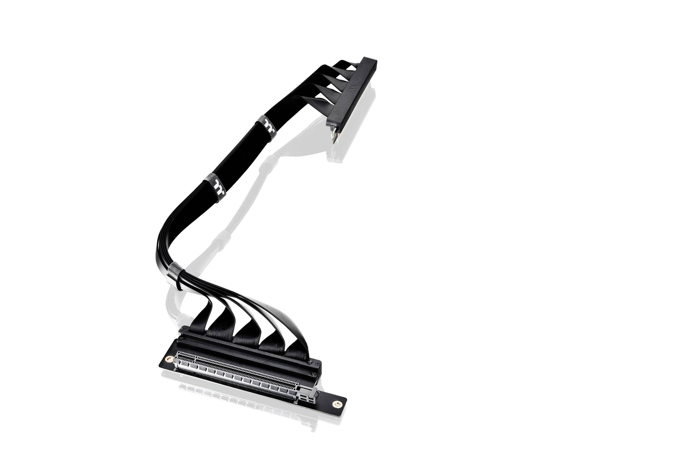 A black computer flat ribbon cable with multiple connectors, running in a curved form, isolated on a white background.