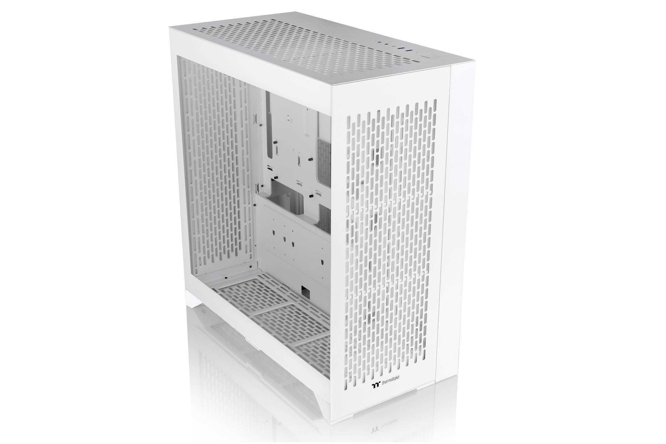 White computer case with perforated sides for ventilation, suitable for mini-ITX motherboards.