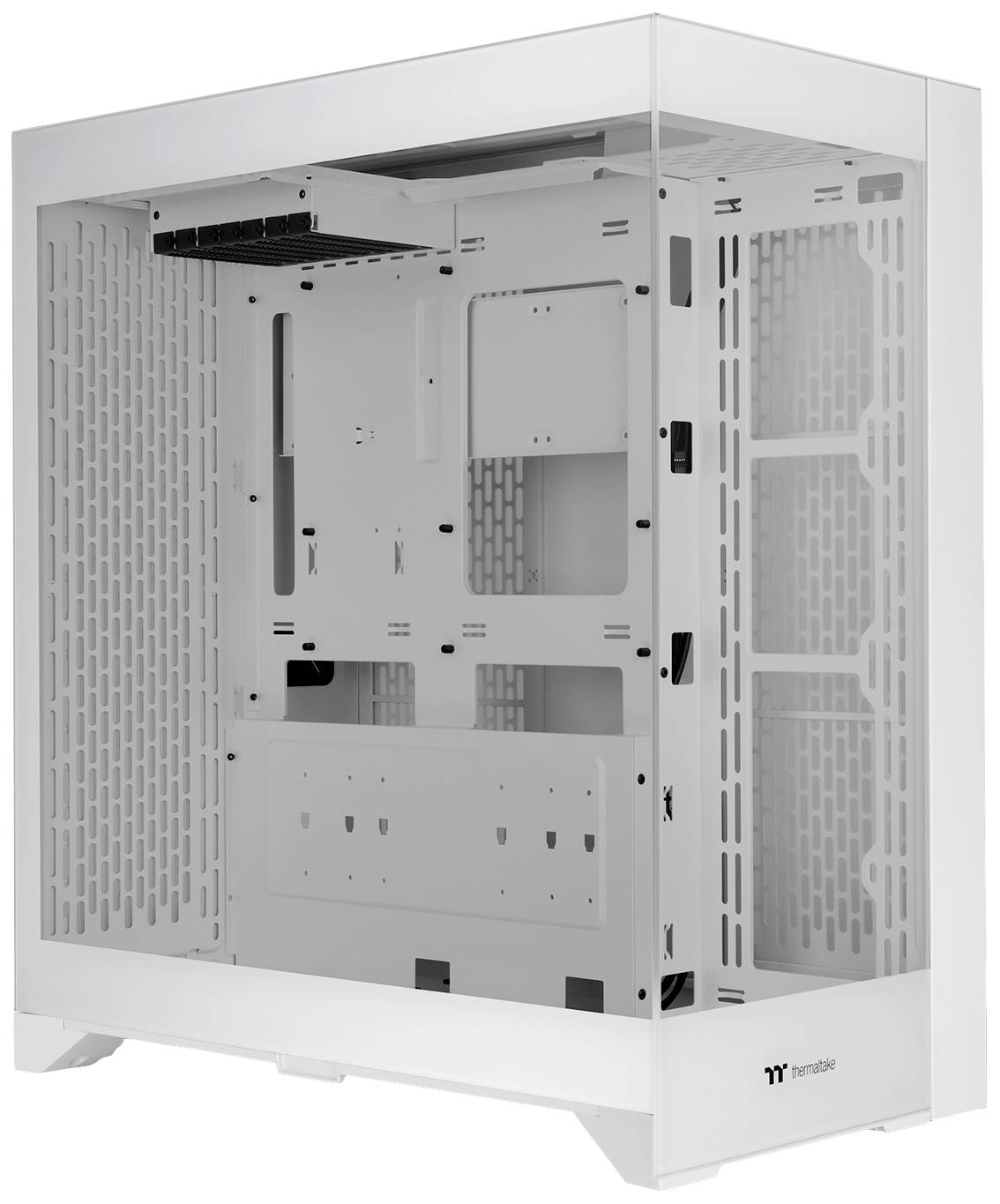 Empty white computer case with transparent side panels, suitable for desktop build projects with expansion options.