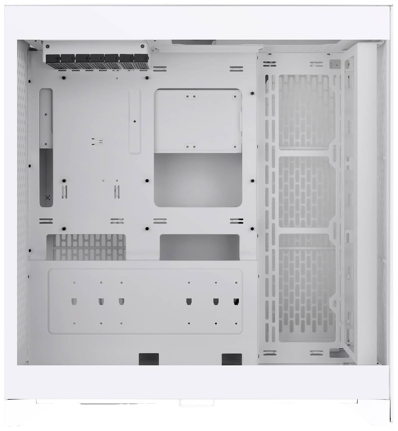 A blank white computer case frame with openings and mounting points for components, fan brackets, and cable management.