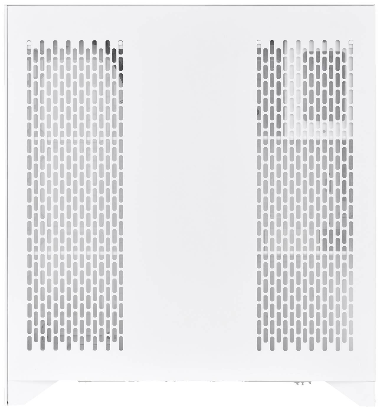 A white computer case lid with two large, vertical ventilation grilles for cooling.