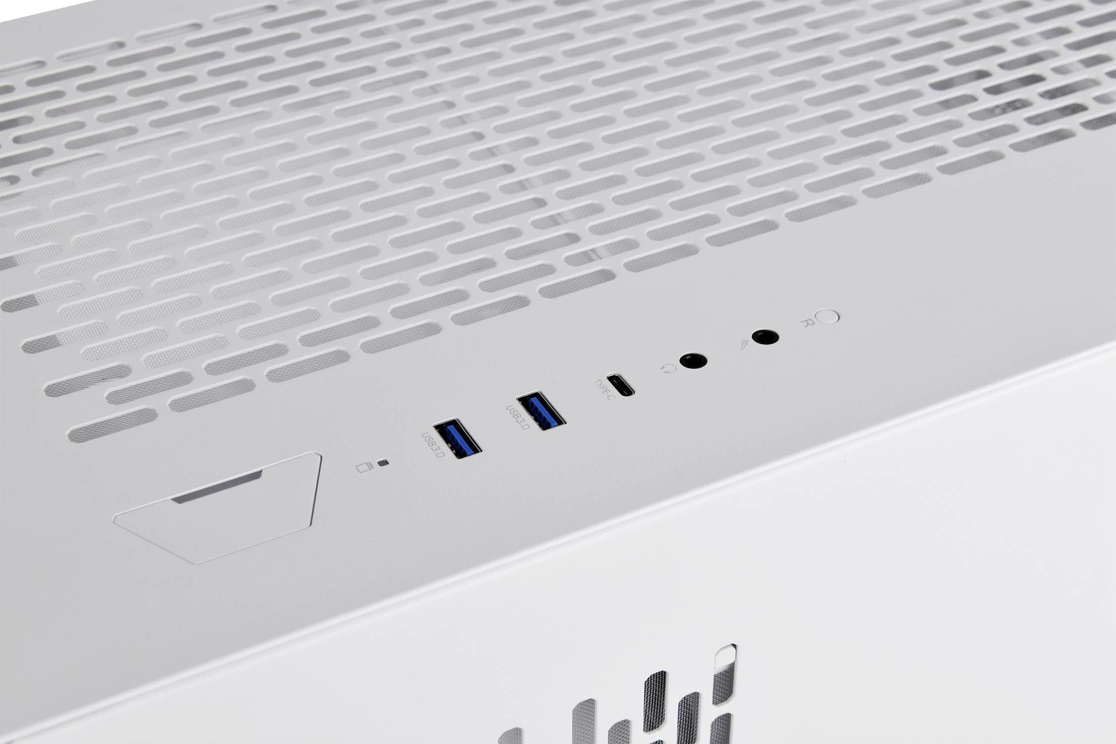 White computer case top with ventilation slots and ports: two USB ports, an audio port, a microphone port, a small round button.