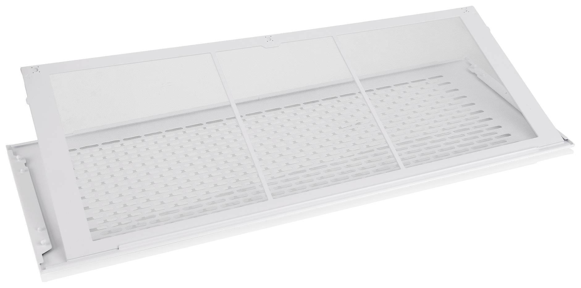 Air filter with a rectangular frame, perforated grid, and white mesh fabric, presumably for air purification or air conditioning.