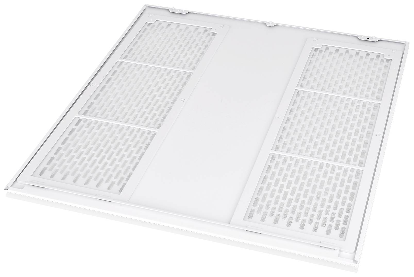 White ventilation cover with rectangular grilles, suitable for ceiling mounting, with two ventilation areas arranged side by side.