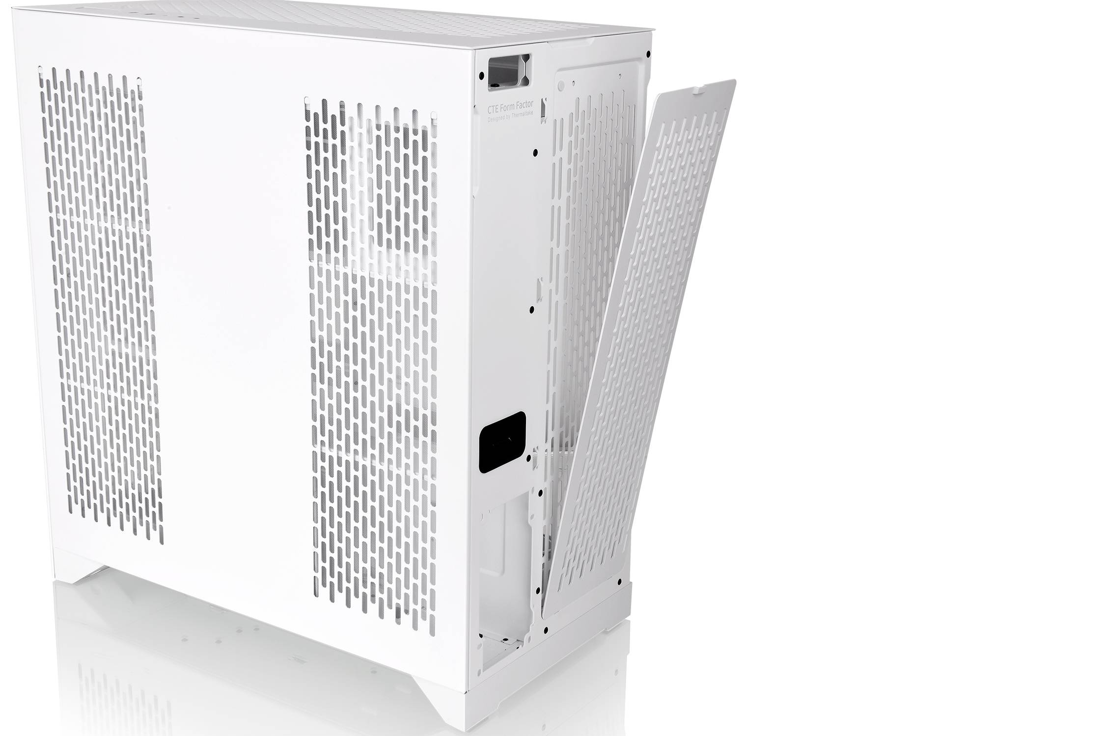 White computer case with an open side panel, revealing its internal metal structure, standing on a glossy surface.