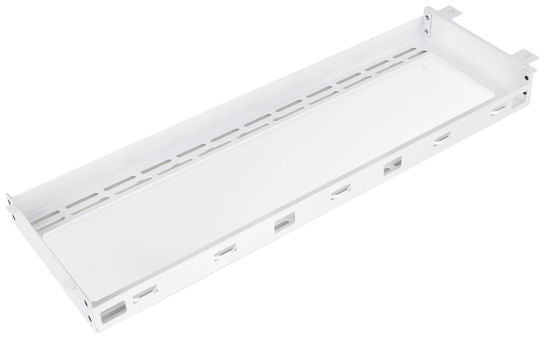 Rectangular white metal plate with rounded corners and multiple slots along its sides.