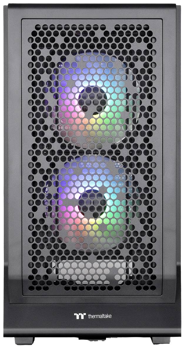 Black computer case with two visible, illuminated fans in rainbow colours behind a honeycomb-patterned front panel.