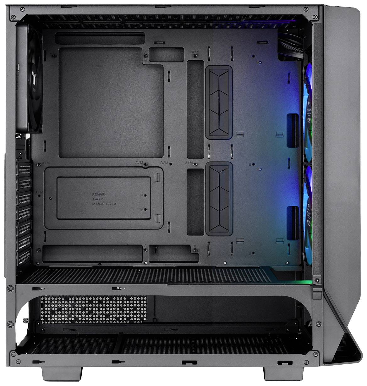 Computer case interior view with RGB fans at the rear. Plenty of space for hardware installation.